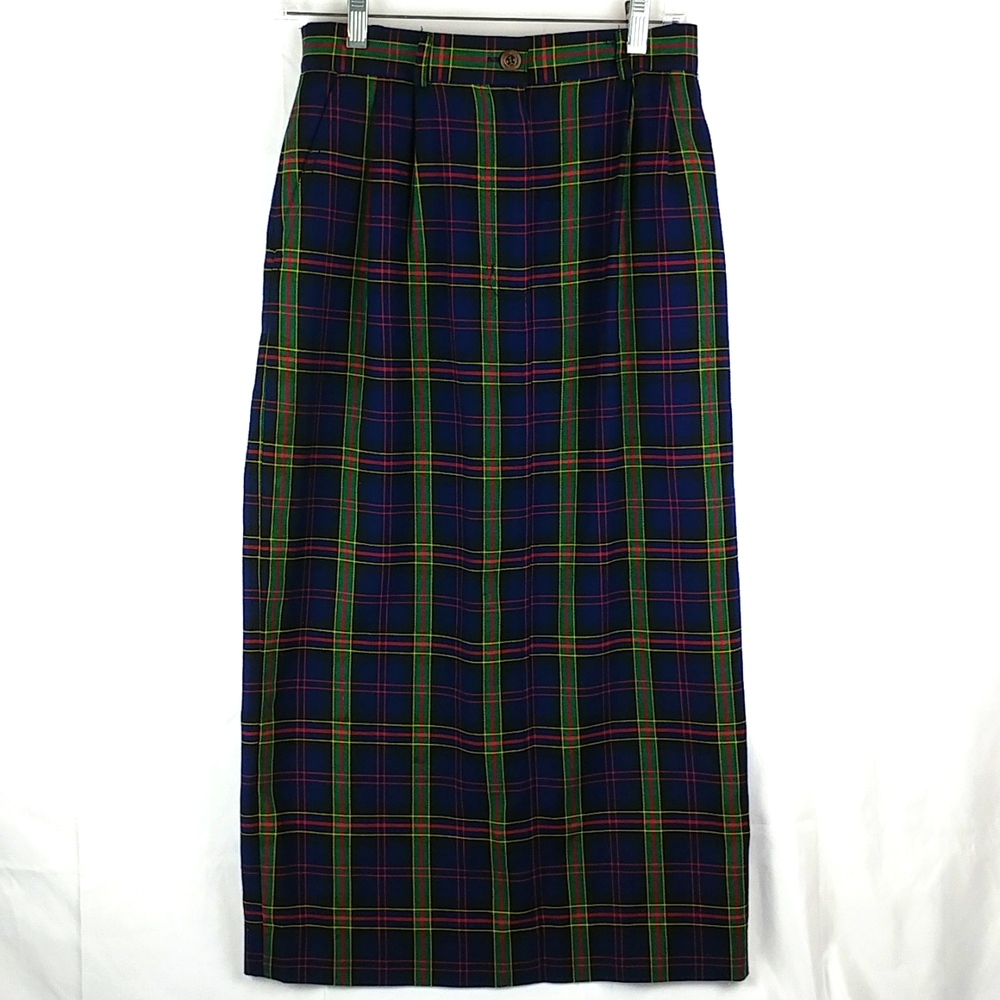 Vintage Green Blue Plaid Tartan Maxi Pencil Skirt